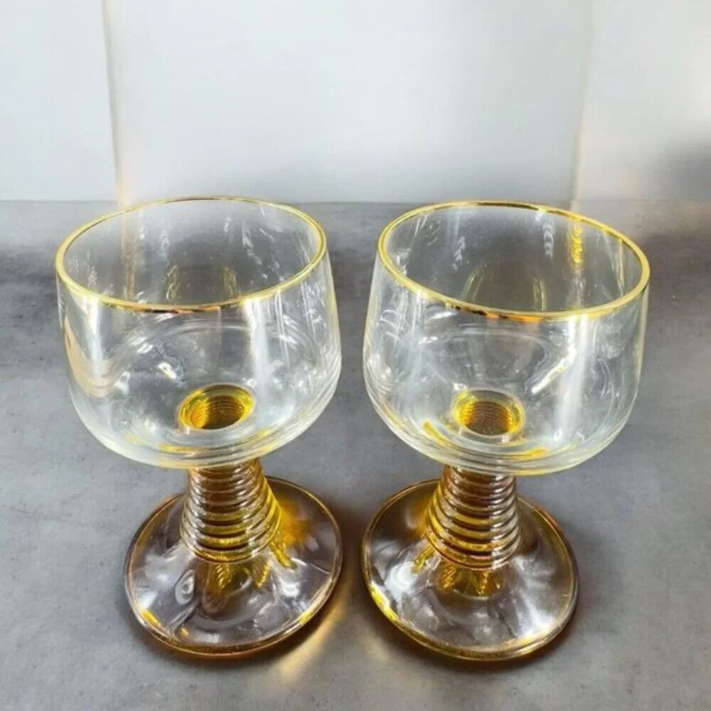 Vintage Roemer Glasses Cups Beehive Stems Glasses Set 2 Flashed‎ Amber Glass VTG